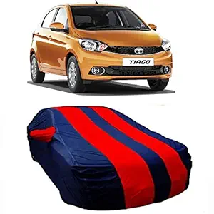 Xguard Pure Polyester UV Rays Reflective Scratch Resistant Water Resistant Car Body Cover with Mirror Pockets for Tata Tiago (Strips Red).