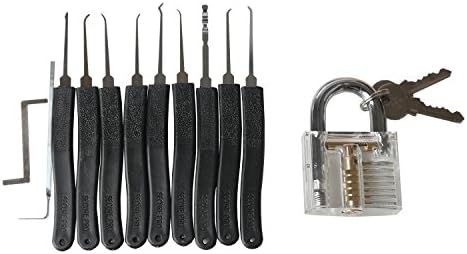 DXtech Unlocking Lock Pick Set with 11-Piece Pick and 2 Keys Transparent Lock Professional Visible Inside View Cutaway Slotted Practice Padlock Lock