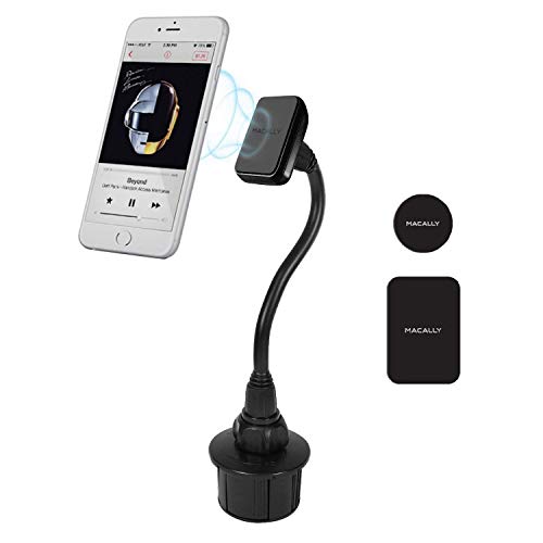 Macally Car Cup Holder Magnetic Phone Mount with for Extra Long Neck & 2 Metal Plates for iPhone 11 Max Pro Xs Max XR X 8 Plus 7 Plus 6S 6 Plus, Samsung Galaxy S10 S9 Note & Most Cell Phones (MCUPMAG)