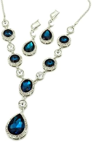 Jays Jewellery – Silver Plated Shaphire Blue Cz Diamante Crystal Tear Drop Necklace Earring Set UK SELLER