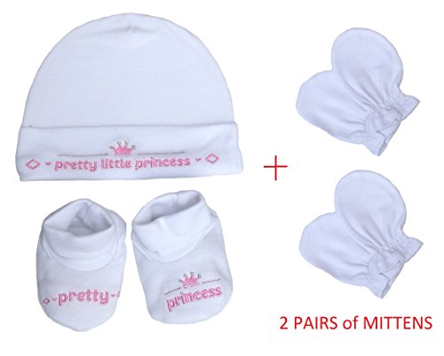 Baby Boys/Girls Little Prince or Princess White Gift set Plus 2 Pairs of Mittens (White/Pink)