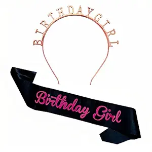 Propsicle Princess Silk Sash & Tiara Pack of 2 Black Birthday Girl Sash & Crown Rose Gold Headband Party Birthday Girl Gift Decoration Item