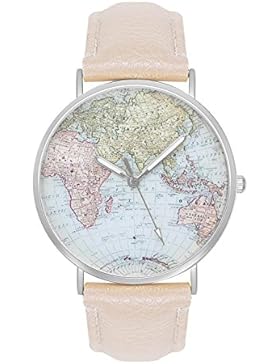 Damenuhr Armbanduhr Unisex Weltkarte Uhr Globus Karte World Map Farbe: Beige Creme Gold Rosegold Silber Rose Damen...