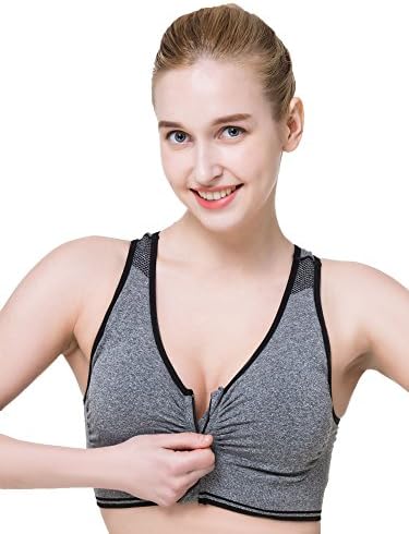 Aionezon Women Fitness Clothing Top Sports Bra Zipper Front Running Racerback Seamless Workout Jogging Yoga Bras(L(34C 34D 36A 36B 36C 36D 38A 38B), Gray)