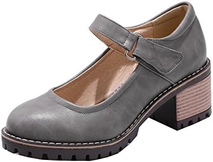 AgooLar Women's Solid PU Kitten-Heels Closed Round Toe Hook-and-Loop Pumps-Shoes, Gray, 40