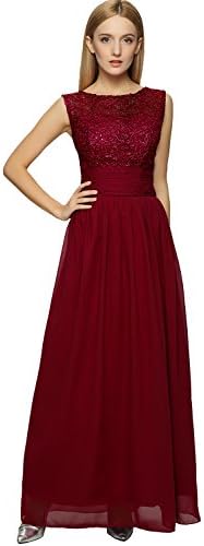 ASVOGUE Women's Elegant Solid Sleeve Lace Maxi Evning Chiffon Dress, Burgundy S