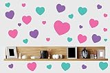 Pastel Love Hearts - Pack of 30 - Pink Violet & Turquoise Wall Art Vinyl Printed Stickers
