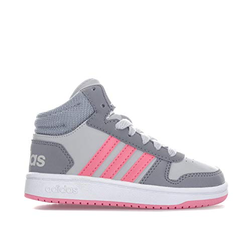 adidas Girls Junior Girls Hoop 2.0 Mid Trainers in Grey Pink - UK 5.5
