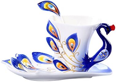 ONIVIB Romantic Creative Gift of China Porcelain Tea Mug and Saucer Coffee Cup and Peacock Collectable Fine Arts(Blue)
