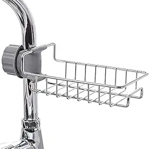 DVH Sales Stainless Steel Sink Caddy Organizer,Tap Organiser Clip Storage Rack Practical Home Kitchen Faucet Shelf Snap-on Faucet Rack Drain Rack with Towel Holder for Soap, Sponges Set of 1