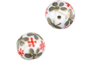 BEADS JAR Hand Painted Round Glass Beads (Red Flower Design) 14mm