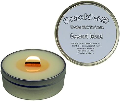 Cracklez Crackling Scented Wooden Wick Tin Candle Coconut Island. Coconut and Tropical Fruits. White.