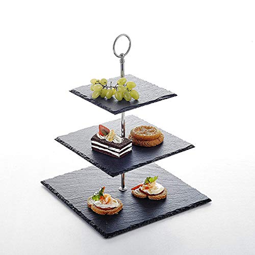 MALACASA, Serie Sweet.Time, 36,8 cm Altezza a 3 Livelli di Ardesia Naturale Etagere 15,2 x 20,3 x 25,4 cm Portata Set con Maniglia per Il Trasporto