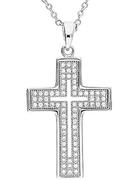 MYA art Damen Kinder Kette Halskette Kreuzanhänger mit vielen Swarovski Elements in Weißgold vergoldet Silber...