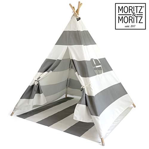 Moritz & Moritz Tipi Zelt für Kinder - Grau Gestreift - Kinderzelt Spielzelt Geschenkidee - Mit Bodendecke und Fenster - Für Haus und Garten