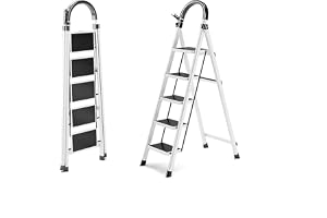BESTONE Foldable Step Ladder, Sturdy Steel Folding Stool with Wide Anti-Slip Pedals for Home, Kitchen, Garden & Office（White） (5 steps)