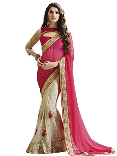 White World Silk Saree (Pink Sari_Pink)