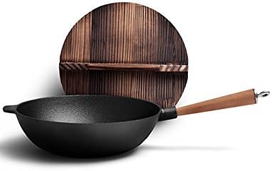 European Style Household Wood Handle Wok 31 Cm Cast Iron Pot No Fumes No Coating Non-stick Pan Induction Cooker