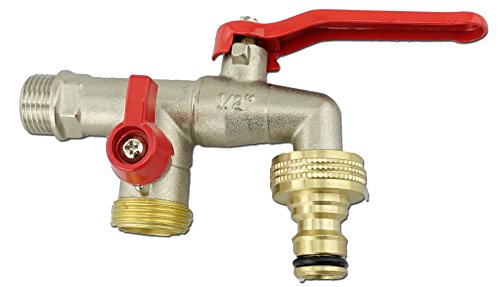 WV-2A. WandVentil mit Doppel-Auslaufhahn Doppelwasserhahn 1/2" Wandanschluss, 3/4" Auslauf, Steckkupplung auf 1/2" Schlauchanschluß. Messing Wasserhahn mit zusätzlichem Abgang. Stahlhebel