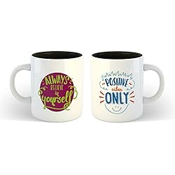 iKraft Dual Tone Coffee Mugs Set Black Inspirational Quotes Always Believe in Yourself and Positive Vibes Only Printed 11oz Ceramic Travel Mug