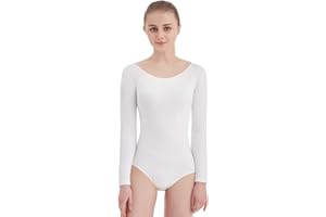 SUPRNOWA Scoop Neck Leotard Long Sleeves Spandex Dance Workout Fitness Bodysuit for Women