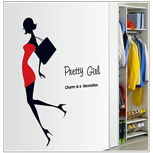 Preisvergleich Produktbild Wandaufkleber Beliebte Mode Moderne Schönheit Dame Roten Kleid Schwarze Tasche Wandaufkleber Hübsches Mädchen Frauen Schlafzimmer Zimmer Shop Wandkunst Haus