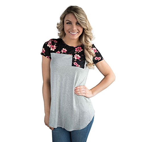 Damen T-Shirt!Sannysis Damen Blumen Spleißen Drucken Tasche Rundhals T-Shirt (M, Grau2)