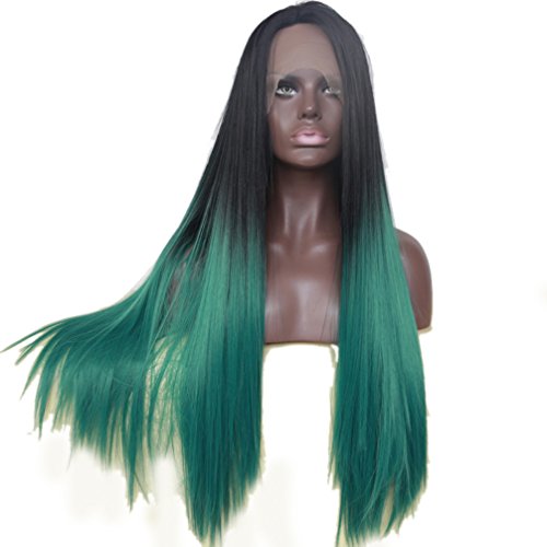 24 Inches Women Straight Black Mixed Dark Green Heat Resistant Lace Front Wigs