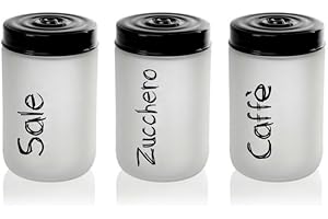 MECSAL CASALINGHI Set 3 Barattoli Contenitori, Tris Sale Zucchero Caffè, in Vetro Bianco Satinato, Decoro Stile Shabby
