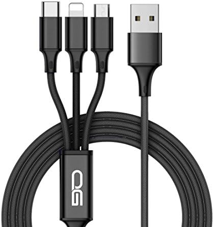 Multi USB Charger Cable ,QGhappy 3.6ft/1.2m 3 in 1 Multiple Fast Charging cable Nylon Braided with USB Type C, Micro USB and Lightning for ipad iPhone ,Samsung Galaxy S8 Plus/S7/S6/S5 Edge,LG Nexus 5X/G5/G6,Huawei P9/P10 Plus/Nexus 6P and More (Black)