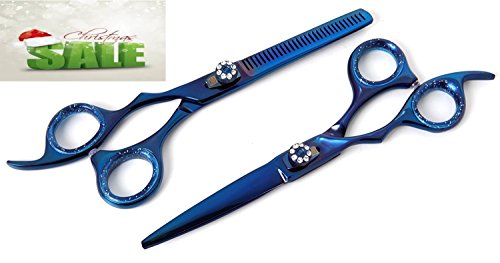 CANDURE® - C20 - 6'' (15,24cm) - Left Handed Giftset Hairdressing & Hair Thinning Scissors Barber Salon Shears + Scissors Pouch, Blue with white Jewel Set
