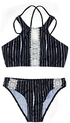 QQMM New Women Split Two-Piece Bikini Sexy Black And White Striped Ethnic Style High Waist Straps Knitted Swimwear,Black,XL