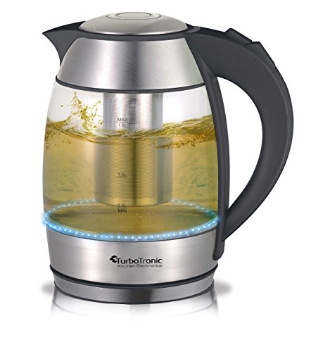 TurboTronic Wasserkocher 2200 Watt mit Teesieb (herausnehmbar) aus Edelstahl und blauer LED Beleuchtung, 1,8 Liter / BPA frei / Glas-Wasserkocher kann jederzeit ohne Teefilter verwendet werden, verdecktes Heizelement - 4