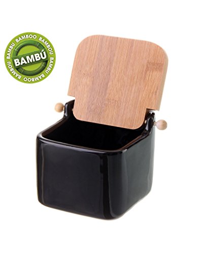Home Line Salero Cuadrado de cerámica con Tapa de bambú, Negro, 12x12x11 cm