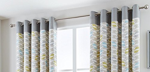 Clifton Duck Egg Readymade Lined Geometric Print Eyelet Ring Top Cotton Curtains - 66