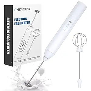 AEXERO Milk Frother Electric Foam Maker Mixer Froth USB Rechargeable Maker 3-Speed Adjustable for Latte Coffee Cappuccino with Stainless Steel Egg Mixer and USB Charging Cable (White)