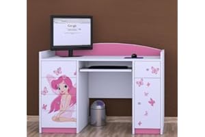 ‎HAPPY BABIES Happy Babies Desk with Drawers, Office Table for Children's Room, Computer Desk with Keyboard Tray, Children's Desk with Storage Space, 125 x 89 x 60 cm, Butterfly and Fairy Pattern