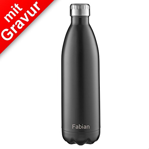 FLSK Isolierflasche 1000ml Black schwarz mit Gravur ** Trinkflasche hält 18 Stunden heiß und 24 Stunden kalt, 100% Dicht, Kohlensäurefest ** inkl. kostenloser Namensgravur