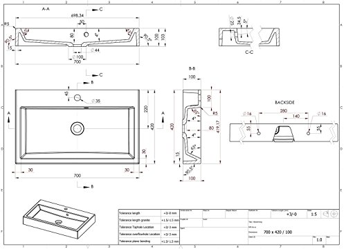 Design Waschbecken zur Wandmontage oder als Aufsatzwaschbecken | 70x42x10cm | Material: hochwertiges Mineralguss | Made in EU | hochwertig verarbeitet - 6