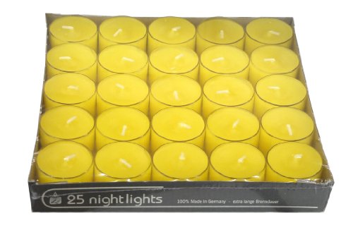 25 Teelichter - Nightlights, transp. Hülle, 7-8 Std. gelb - zitrone