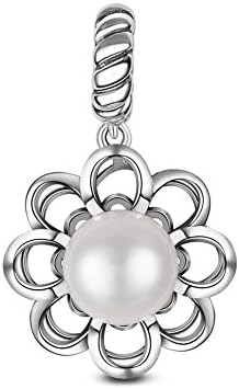 TinySand 925 Sterling Silver Charm With A Shiny Pearl Flower Pendant Fits For Pandora Style Charms Bracelets