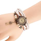 Qinlee Retro Dame Armbänder Classic Schlüssel Armbanduhr Stil Anhänger Armbänder Stilvolle Webart Leder Armbänder Elegantes Schmuck Geschenk Weiß