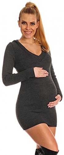 Happy Mama Women's Maternity Stretchy Knit Tunic Jumper Pullover with Hood 908p (Graphite, 8/14)