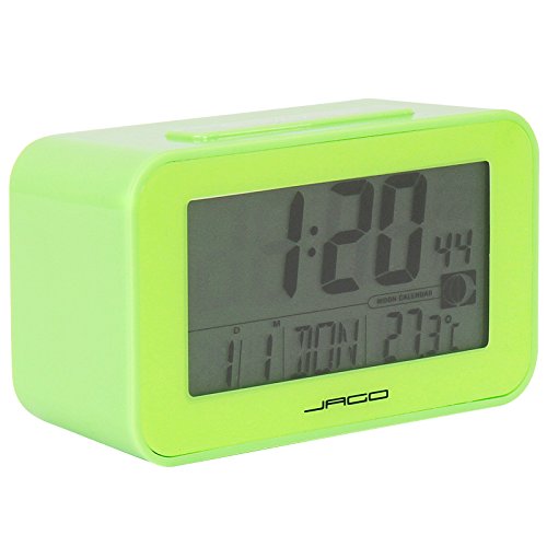 Jago Funkwecker mit Mondkalender und Temperaturanzeige mit LED-Hintergrundbeleuchtung und LCD-Display in vier verschiedenen Farben inkl. Snooze-Funktion und Datum Wochentag - 2