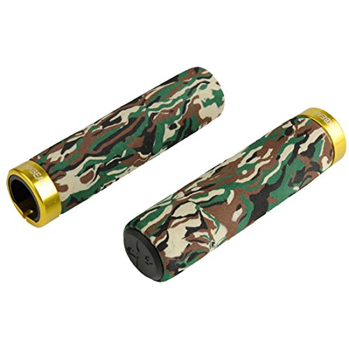 Finer Shop 1Par Bloqueo Esponja Encaje Aluminio Manillar Agarre Ciclismo Montaña Bicicleta Carretera MTB Bici BMX - Camuflaje Verde(Borde de metal color al azar)