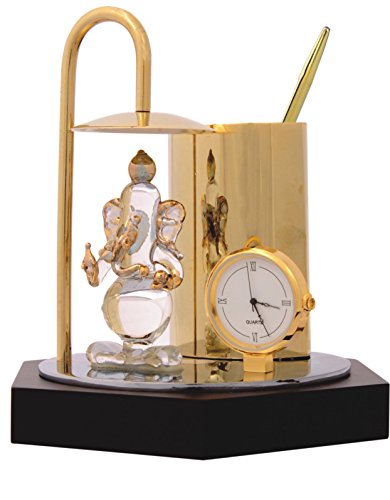 Deals Outlet Ganesh Ji Crystal Showpiece,Classic Table Clock & Stylish Pen Stand - Brass & Stainless Steel ,In Gold & Silver Plating