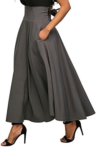 ShelovesclothingWomen's Retro High Waisted Pleated Belted Maxi Skirt (Small 6-8 UK, Grey)
