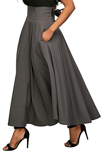 ShelovesclothingWomen's Retro High Waisted Pleated Belted Maxi Skirt (Small 6-8 UK, Grey)