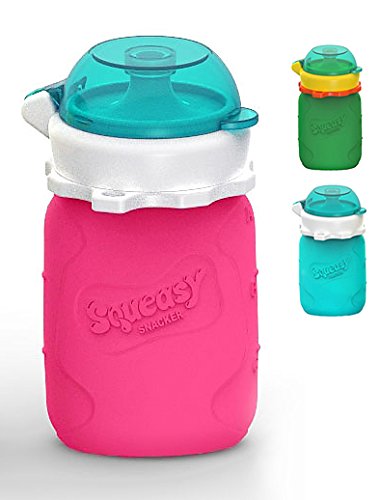 Squeasy Snacker, 100ml - Bolsa de Comida para Bebés Reutilizables | Para Batidos de Fruta Caseros, Yogurt y Zumos | Botella de Silicona, sin BPA (Pink)