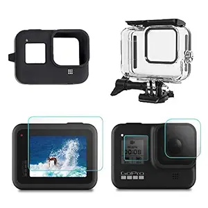 Adofys Accessories Kit for GoPro Hero 8 Black with Waterproof Case + Ultra Clear Tempered Glass Screen Protector + Lens Protector + HD Front Display Lens Protector + Silicone Rubber Protective Case